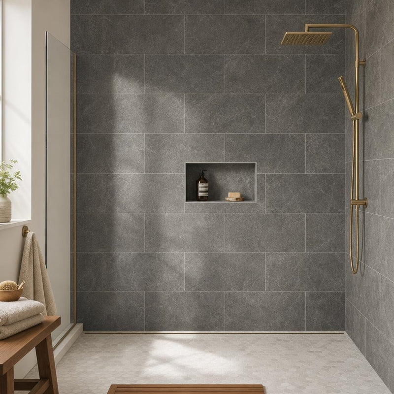 Ostrich Grey 12x24 Gauged Quartzite Tile — Bathroom shower wall