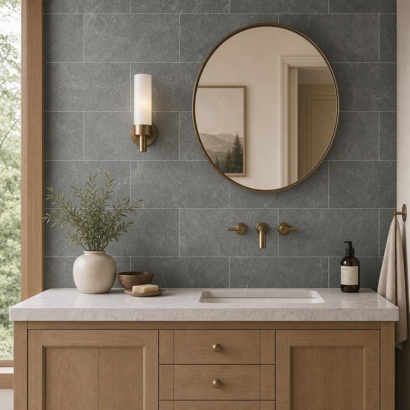 Ostrich Grey 12x24 Gauged Quartzite Tile — Bathroom vanity wall