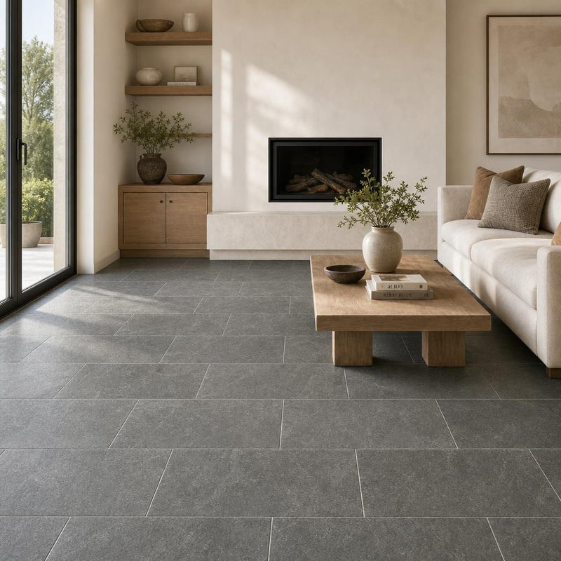 Ostrich Grey 12x24 Gauged Quartzite Tile — Living Room floor