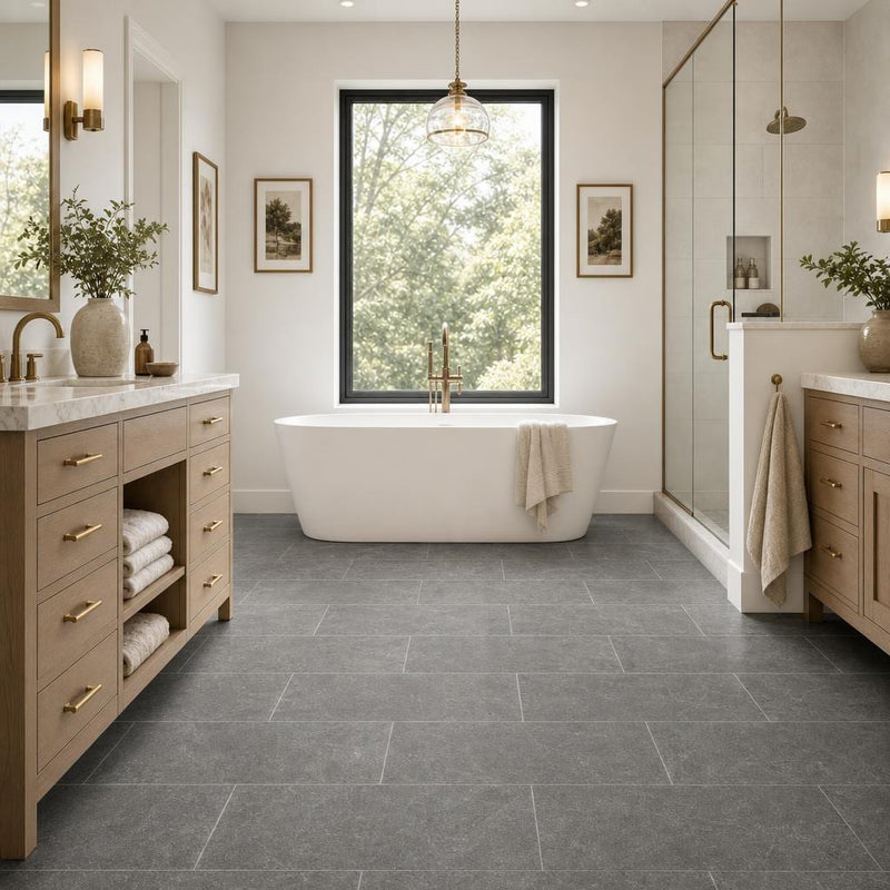 Ostrich Grey 12x24 Gauged Quartzite Tile — Primary Bath floor