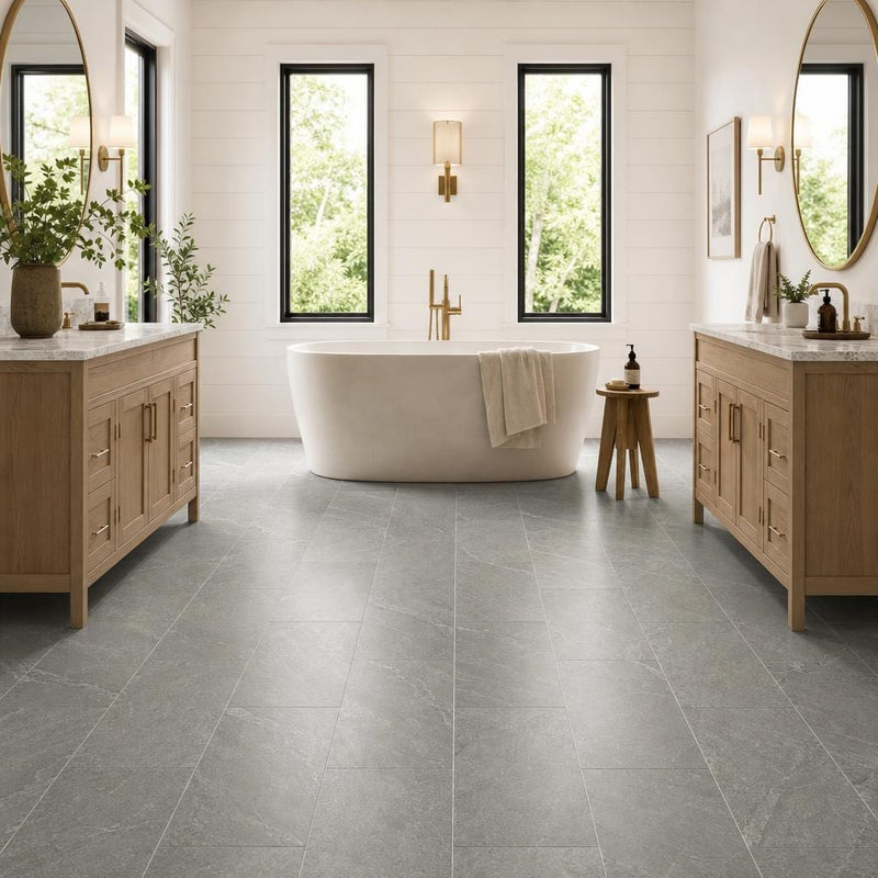 Ostrich Grey 12x24 Honed Quartzite Tile — Bathroom floor