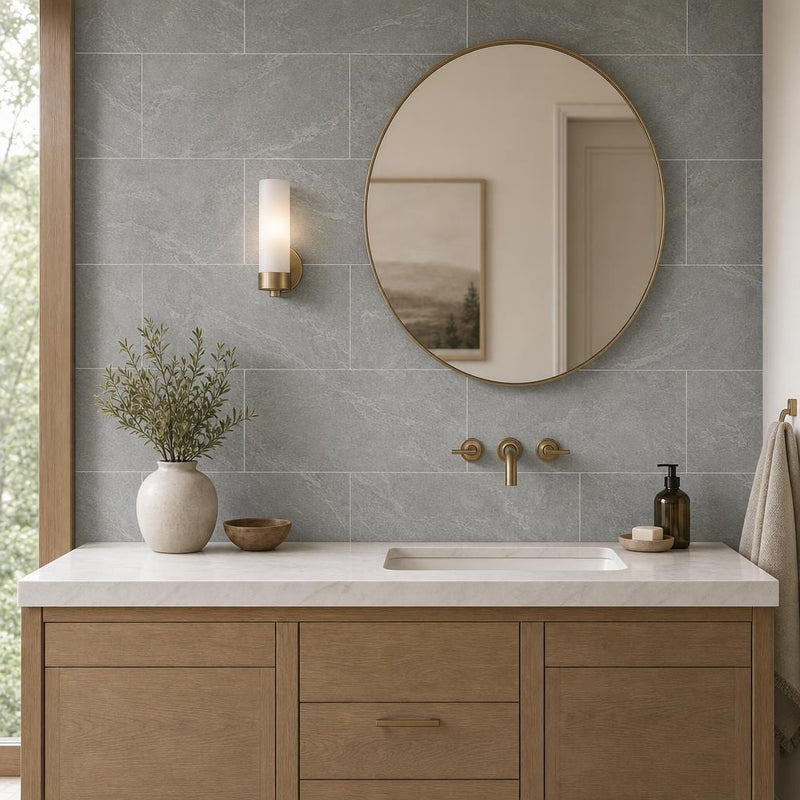 Ostrich Grey 12x24 Honed Quartzite Tile — Bathroom vanity wall