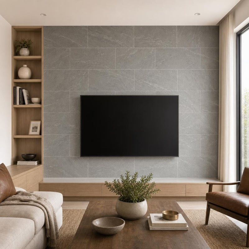 Ostrich Grey 12x24 Honed Quartzite Tile — Living Room feature wall
