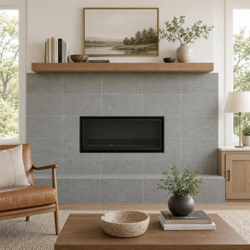 Ostrich Grey 12x24 Honed Quartzite Tile — Living Room fireplace surround