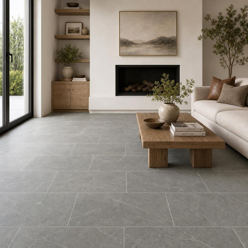 Ostrich Grey 12x24 Honed Quartzite Tile — Living Room floor