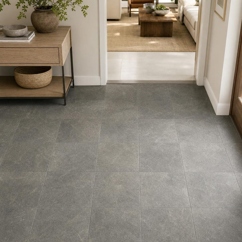 Ostrich Grey 16x16 Gauged Quartzite Tile — Hallway floor