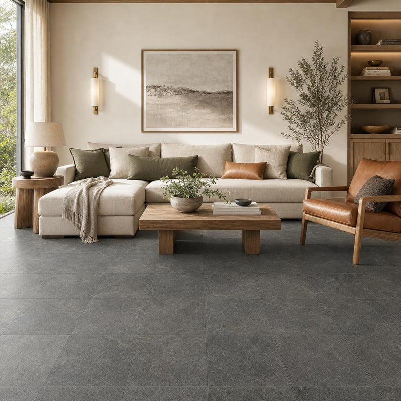 Ostrich Grey 16x16 Honed Quartzite Tile — Living Room floor