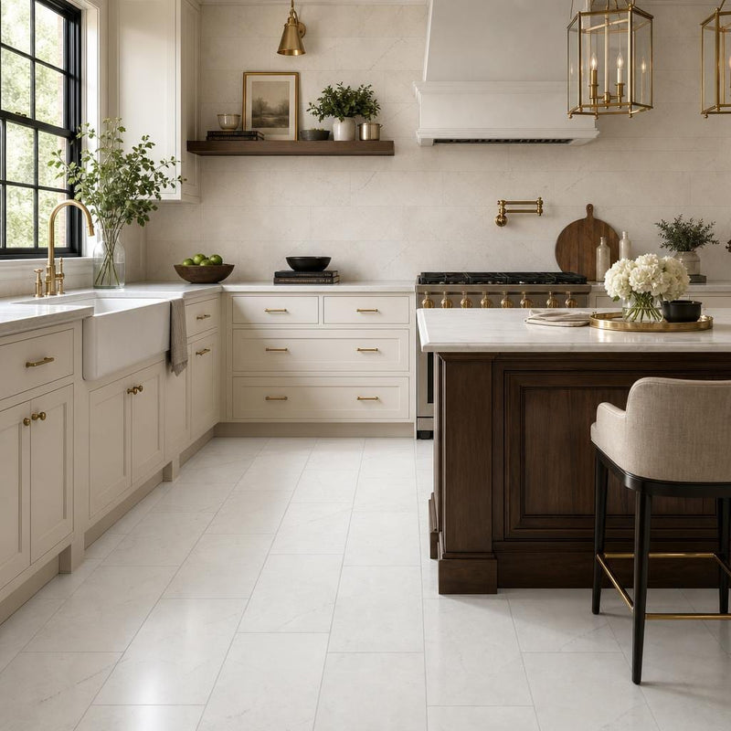 Oyster White 12x24 Honed Natural Marble Tile — Kitchen floor