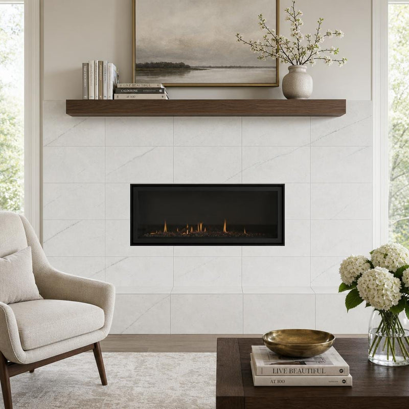 Oyster White 12x24 Honed Natural Marble Tile — Living Room fireplace surround