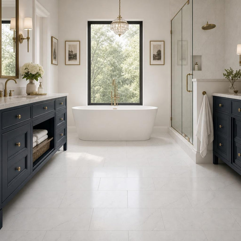 Oyster White 12x24 Honed Natural Marble Tile — Primary Bath floor