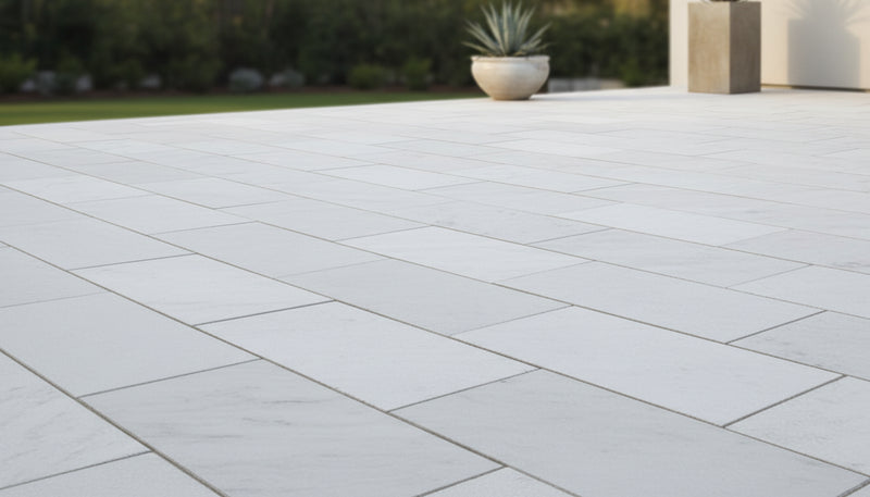 Close-up of White Marble Leather (Sandblasted & Brushed) 12 x 24 x 1.25 Paver, in White tones.