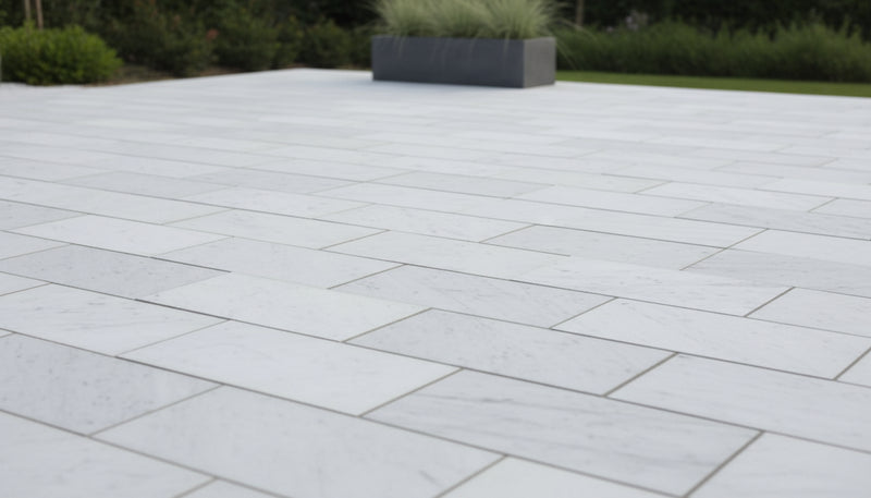 Close-up of White Marble Leather (Sandblasted & Brushed) 16 x 24 x 1.25 Paver, in White tones.