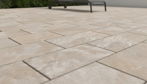 Close-up of Natural Verona Marble Leather (Sandblasted & Brushed) 16 x 24 x 1.25 Paver, in Natural tones.