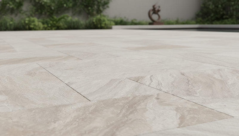 Close-up of Natural Verona Marble Leather (Sandblasted & Brushed) French Versailles x 1.25 Paver, in Natural tones.