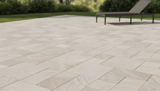 Close-up of Natural Verona Marble Leather (Sandblasted & Brushed) Roman x 1.25 Paver, in Natural tones.