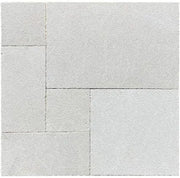 Close-up of Antalya Cream Marble Leather (Sandblasted & Brushed) French Versailles x 1.25 Paver, in Cream tones.