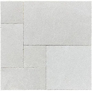 Close-up of Antalya Cream Marble Leather (Sandblasted & Brushed) French Versailles x 1.25 Paver, in Cream tones.