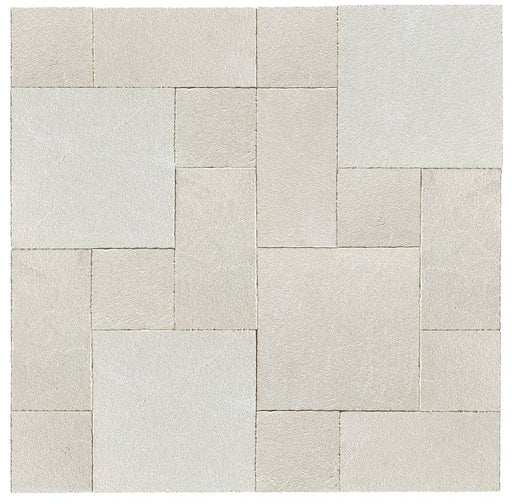 Close-up of Antalya Cream Marble Leather (Sandblasted & Brushed) Roman x 1.25 Paver, in Cream tones.