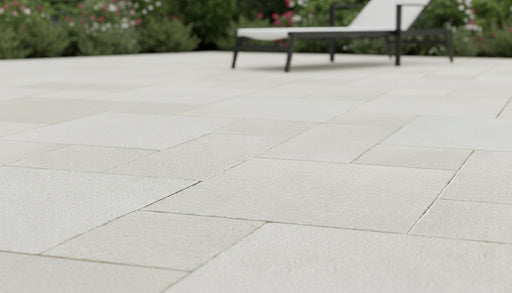 Close-up of Antalya Cream Marble Leather (Sandblasted & Brushed) Roman x 1.25 Paver, in Cream tones.