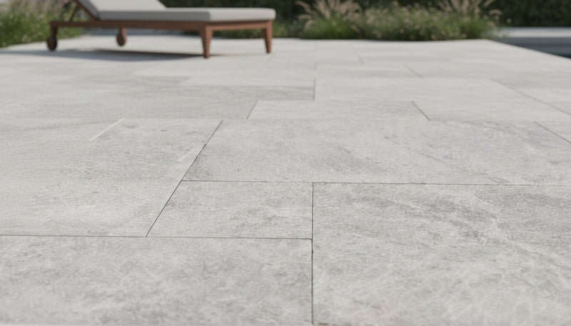 Close-up of Tundra Marble Leather (Sandblasted & Brushed) French Versailles x 1.25 Paver, in Tundra tones.