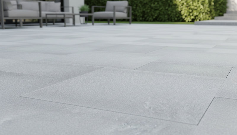 Close-up of Blue Island Marble Leather (Sandblasted & Brushed) French Versailles x 1.25 Paver, in Blue Island tones.