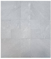 Close-up of Blue Island Marble Leather (Sandblasted & Brushed) Roman x 1.25 Paver, in Blue Island tones.