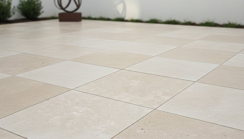 Close-up of Ivory Cordoba Cream Travertine Tumbled 24 x 24 x 1.25 Paver, in Ivory tones.