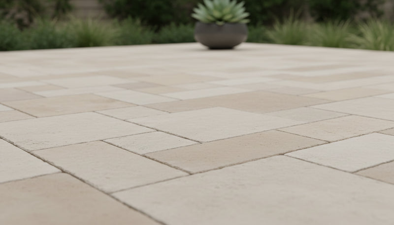 Close-up of Ivory Cordoba Cream Travertine Tumbled Roman x 1.25 Paver, in Ivory tones.