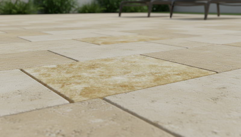 Close-up of Chocolate Brown Walnut Travertine Tumbled 16 x 24 x 1.25 Paver, in Brown tones.
