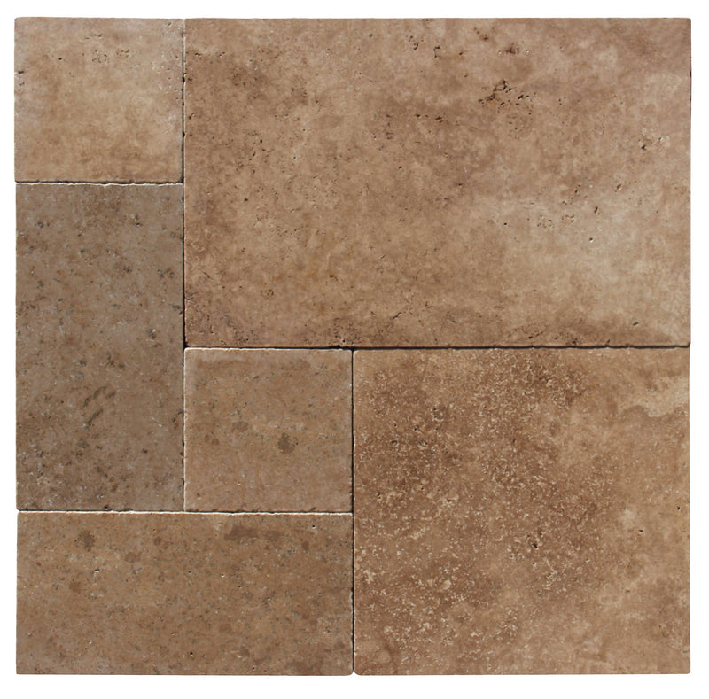 Close-up of Chocolate Brown Walnut Travertine Tumbled French Versailles x 1.25 Paver, in Brown tones.