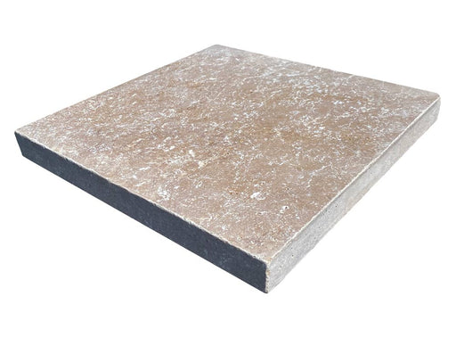 Close-up of Noce Travertine Tumbled 12 x 12 x 1.25 Paver, in Noce tones.