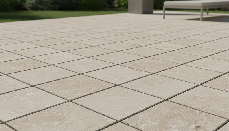 Close-up of Noce Travertine Tumbled 12 x 12 x 1.25 Paver, in Noce tones.