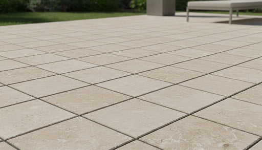 Close-up of Noce Travertine Tumbled 12 x 12 x 1.25 Paver, in Noce tones.