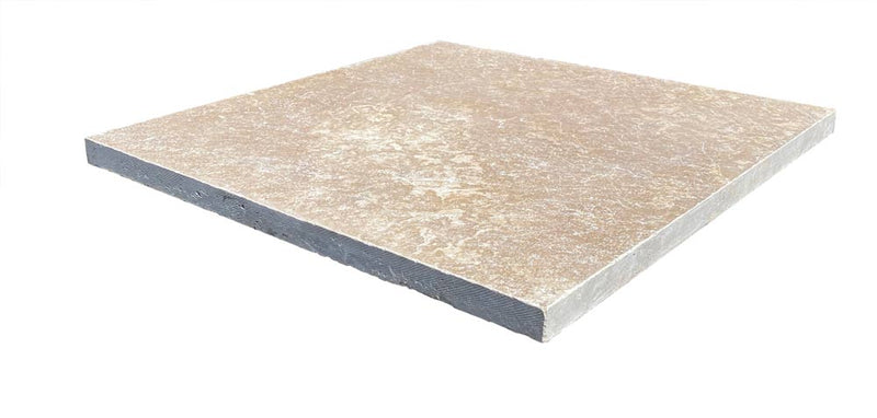 Close-up of Noce Travertine Tumbled 24 x 24 x 1.25 Paver, in Noce tones.