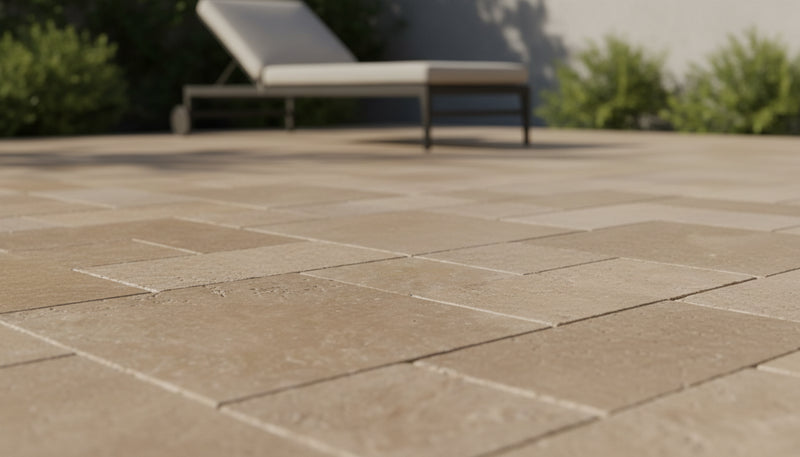 Close-up of Noce Travertine Tumbled French Versailles x 1.25 Paver, in Noce tones.