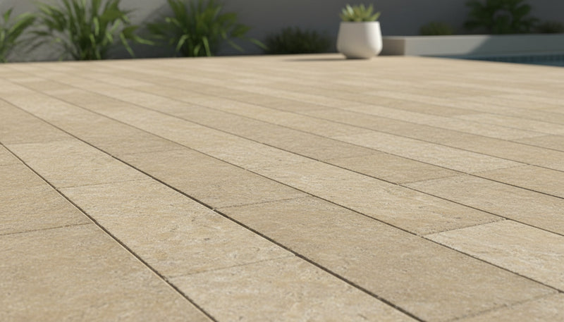 Close-up of Autumn Leaves Scabos Travertine Tumbled 16 x 24 x 1.25 Paver, in Autumn tones.