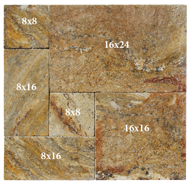 Close-up of Autumn Leaves Scabos Travertine Tumbled French Versailles x 1.25 Paver, in Autumn tones.