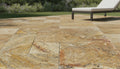 Close-up of Autumn Leaves Scabos Travertine Tumbled French Versailles x 1.25 Paver, in Autumn tones.