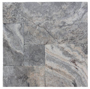 Close-up of Silver Travertine Tumbled French Versailles x 1.25 Paver, in Silver tones.