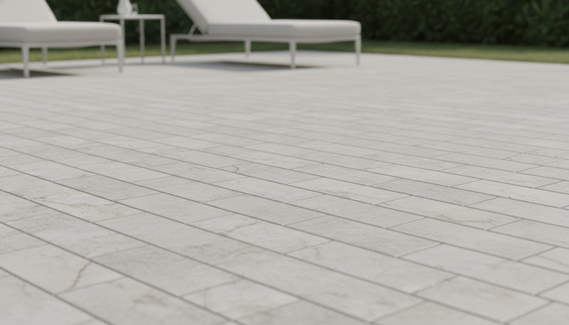 Close-up of Silver Travertine Tumbled 6 x 12 x 1.25 Paver, in Silver tones.