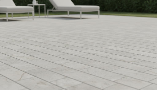 Close-up of Silver Travertine Tumbled 6 x 12 x 1.25 Paver, in Silver tones.