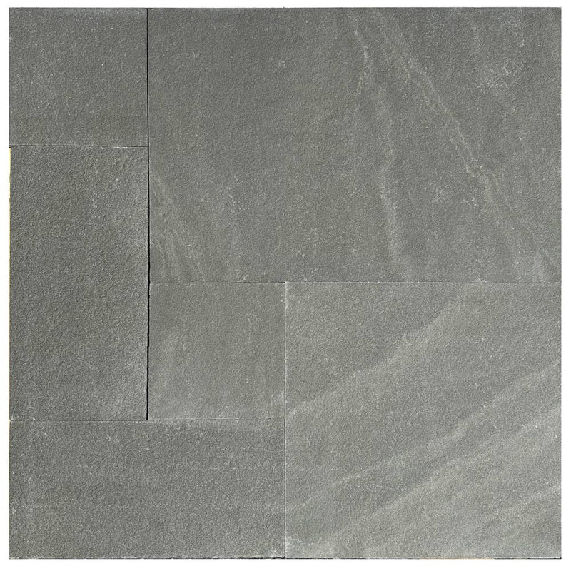 Close-up of Natural Aqua Dolce Sandstone Flamed French Versailles x 1.25 Paver, in Natural tones.