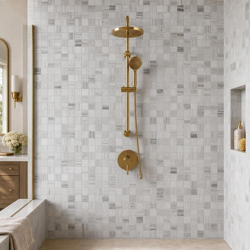 Palissandro 2x2 Polished Marble Mosaic Tile — Bathroom shower wall