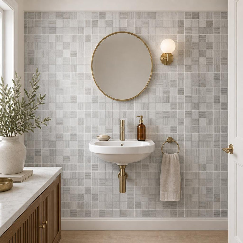 Palissandro 2x2 Polished Marble Mosaic Tile — Powder Room wall