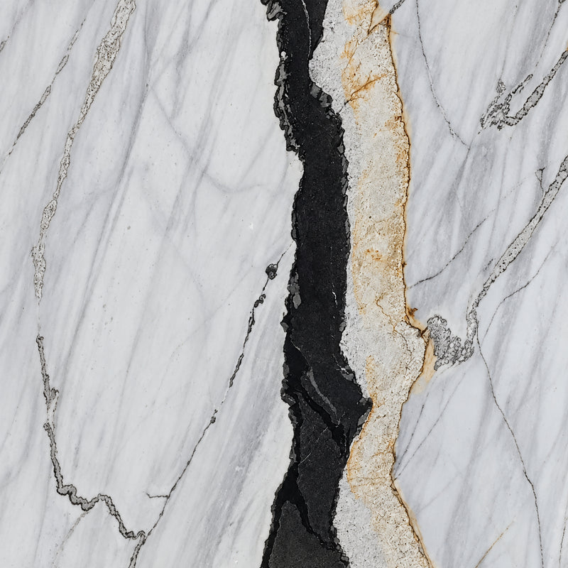 Panda 2cm polished slab with a white background, bold black veining and cream-gold accents.