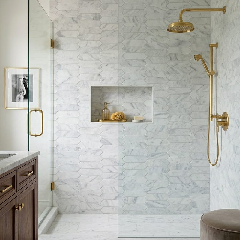 Parksville Stone Yukon White Marble Tile 3x15 Honed 3/8 inch 3x12 — Bathroom shower wall