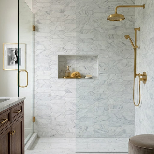 Parksville Stone Yukon White Marble Tile 3x15 Honed 3/8 inch 3x12 — Bathroom shower wall