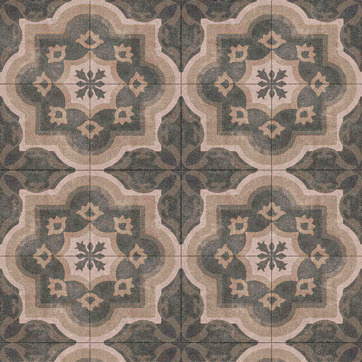 Patchwork Series Classic 03 tiles arranged in a repeating gray and beige floral medallion pattern.