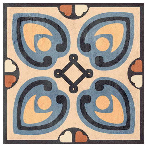 Patchwork Colors 02 square porcelain tile with blue and charcoal curved motifs, terracotta accents and a warm cream background.