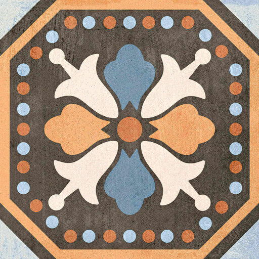 Patchwork Series Colors 03 8x8 tile with orange, blue and cream motifs on a charcoal gray background.